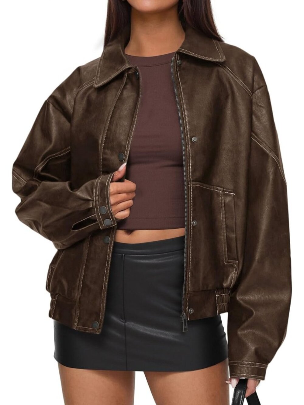 Women's Brown Faux Leather Oversized Motorcycle Bomber Jacket ZIP Up Coat